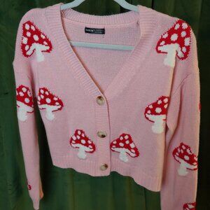 Shein Pink Red Mushroom Sweater Cardigan Brand New Size Large